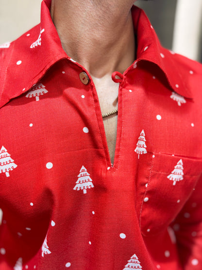 Men Red Christmas-Tree Pattern Kurta