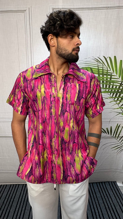 Men Marble Effect Abstract Print Shirt-Collar Kurta