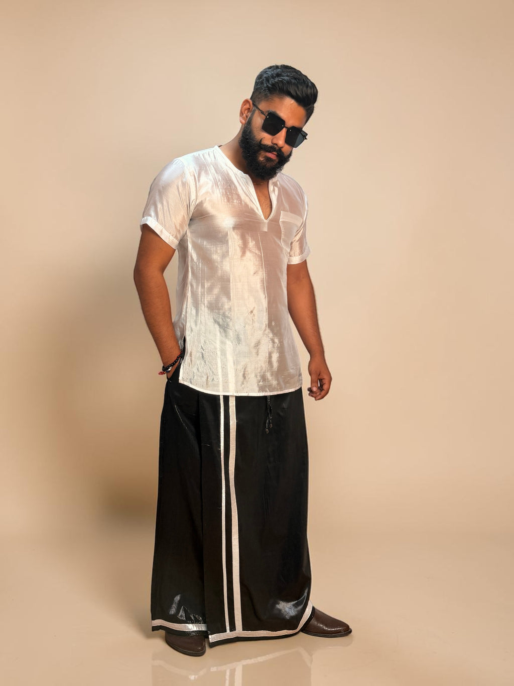 Men Black zari pajamalungi  With Silver Zari Stripe - Disco Pajamalungi