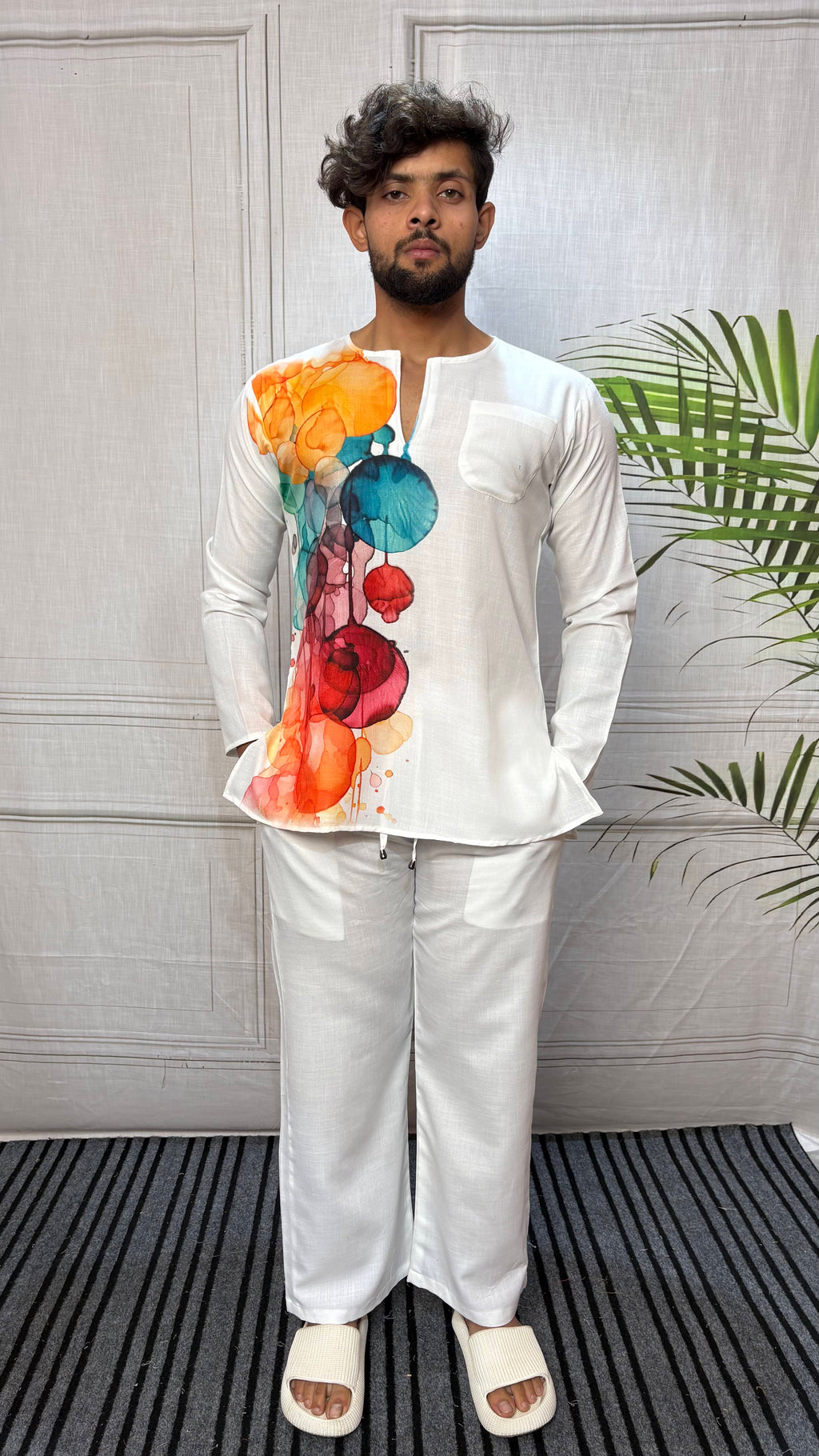 Men’s White Abstract Side Print Kurta