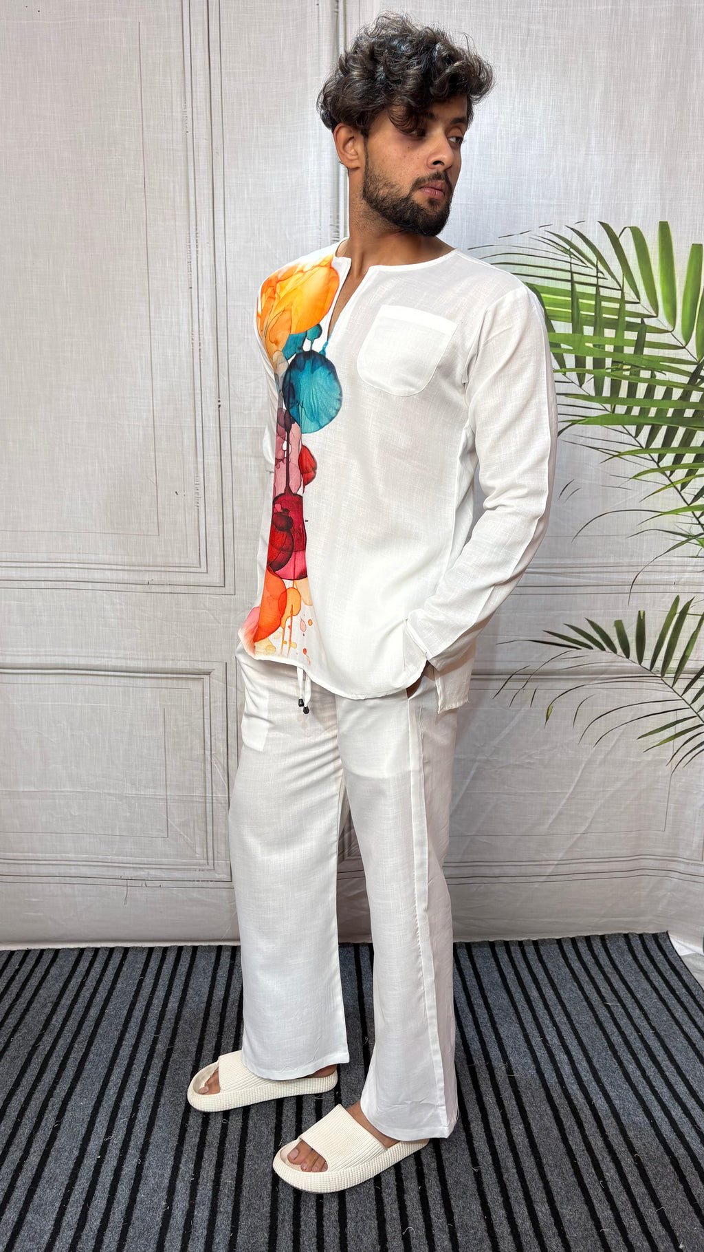 Men’s White Abstract Side Print Kurta