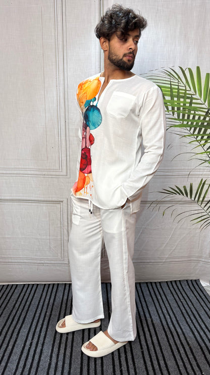 Men’s White Abstract Side Print Kurta