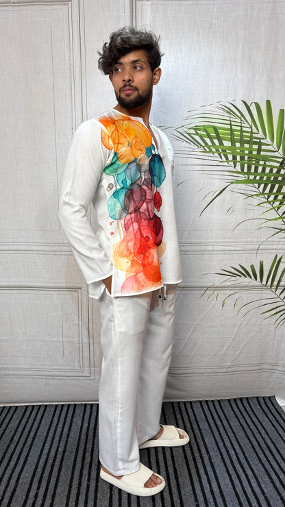 Men’s White Abstract Side Print Kurta