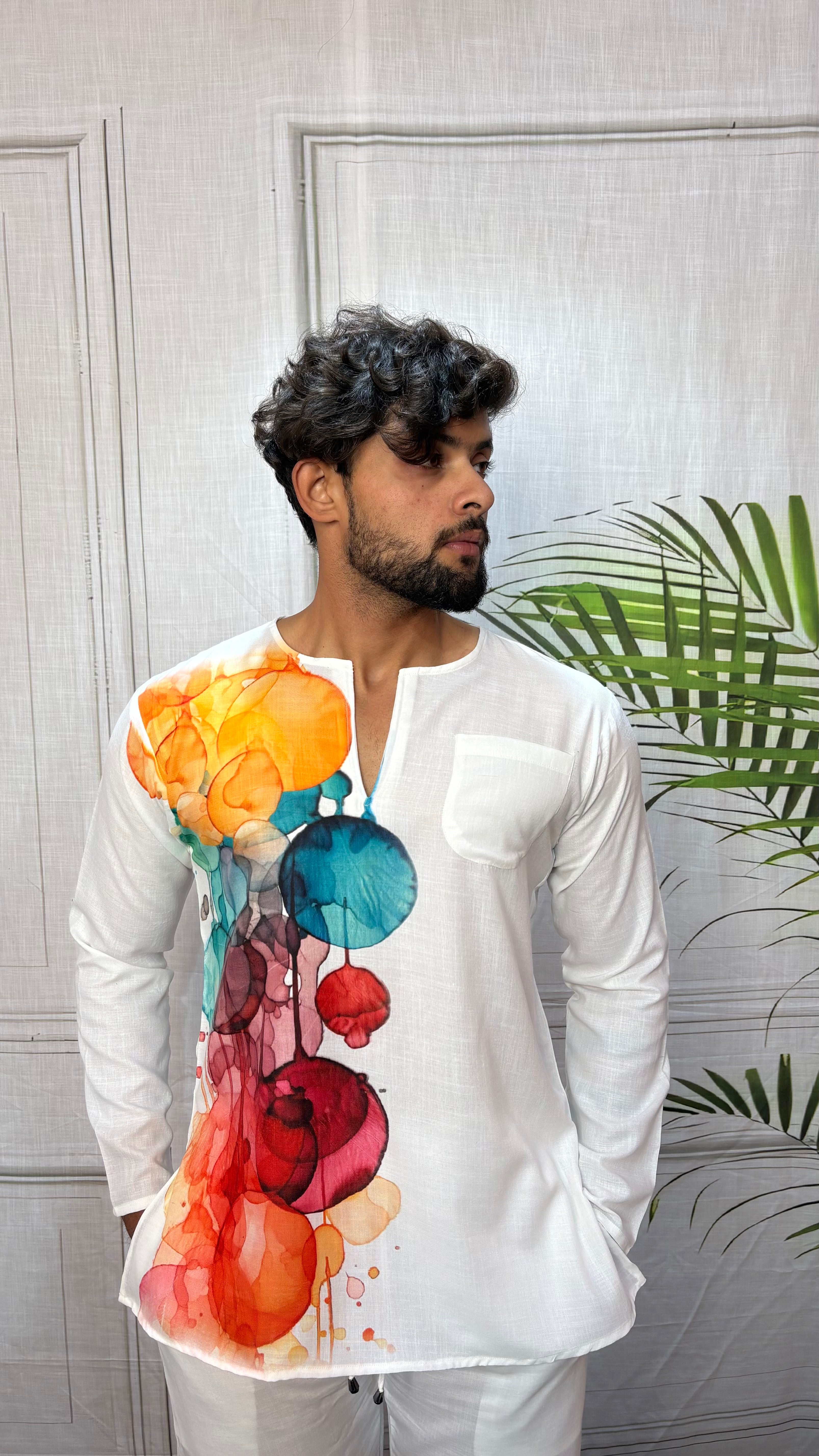 Men’s White Abstract Side Print Kurta
