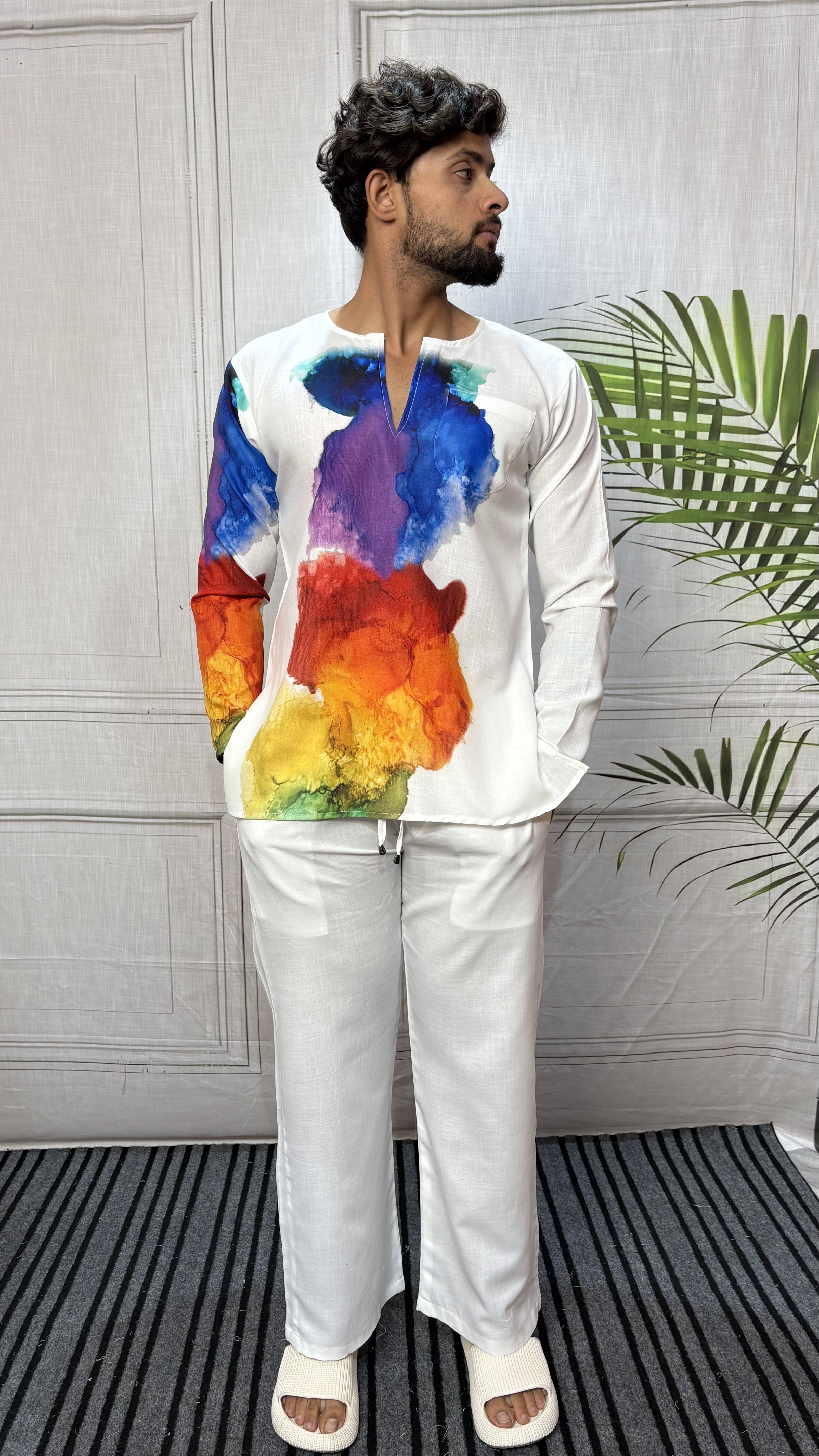Men’s White Multicolor Abstract Print Kurta