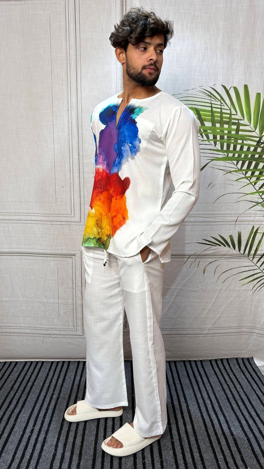 Men’s White Multicolor Abstract Print Kurta