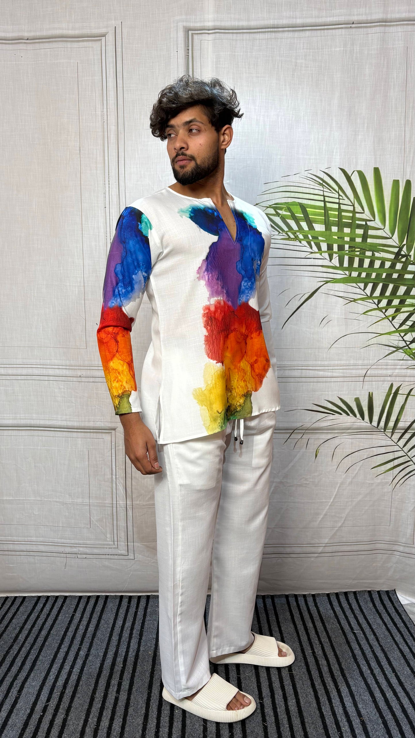 Men’s White Multicolor Abstract Print Kurta