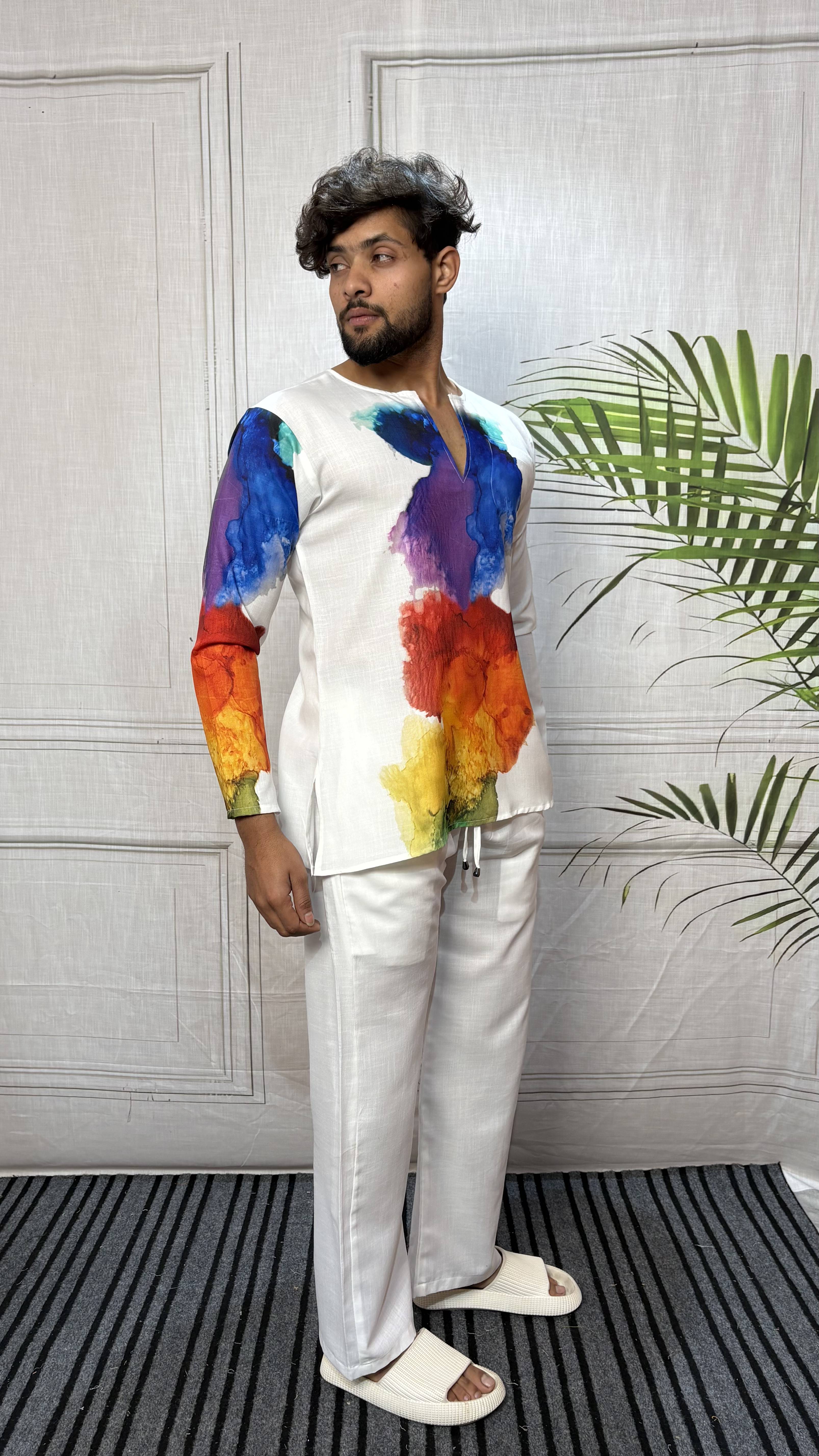 Men’s White Multicolor Abstract Print Kurta