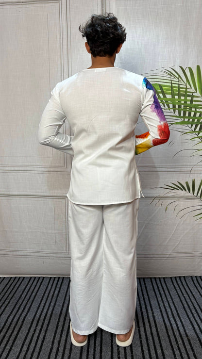 Men’s White Multicolor Abstract Print Kurta