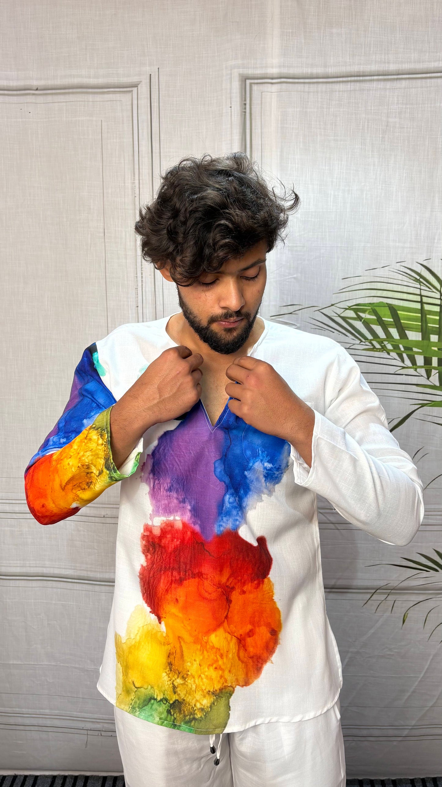 Men’s White Multicolor Abstract Print Kurta