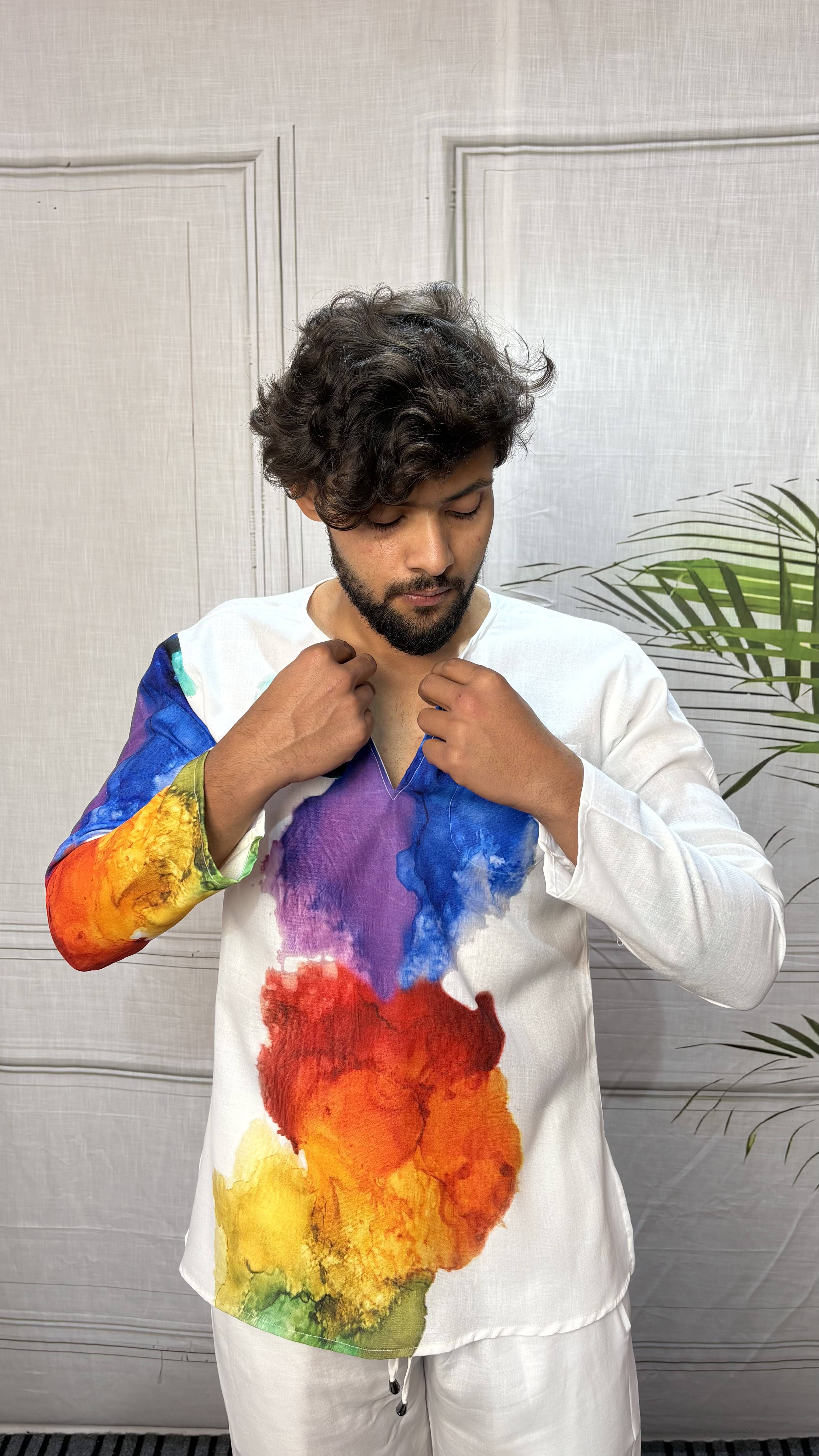 Men’s White Multicolor Abstract Print Kurta