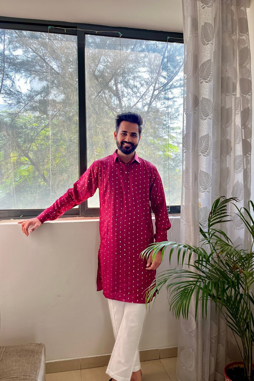 Men’s Viscose Blend Kurta with Line Embroidery and Sequins & White Viscose Blend Pajama Pant