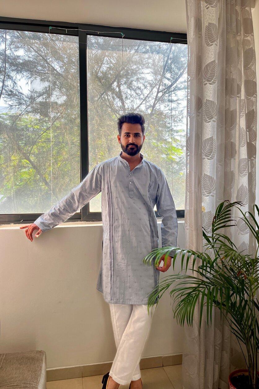 Men’s Cotton Linen Blend Kurta with Floral Embroidery and Sequins &  White Cotton Linen blend Men's salwar Pajama.