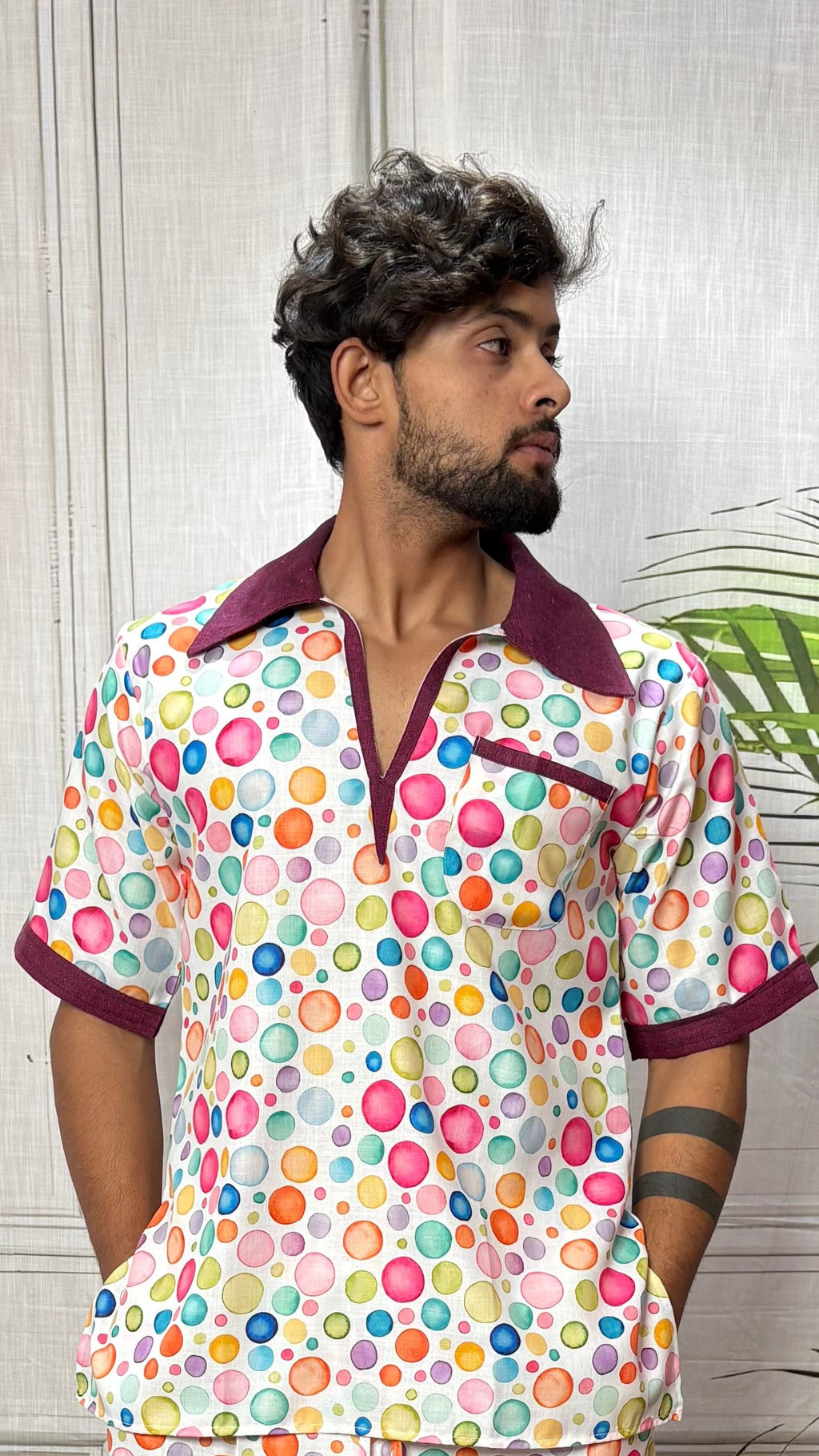 Men Contrast Collar Polka Dot Print Kurta