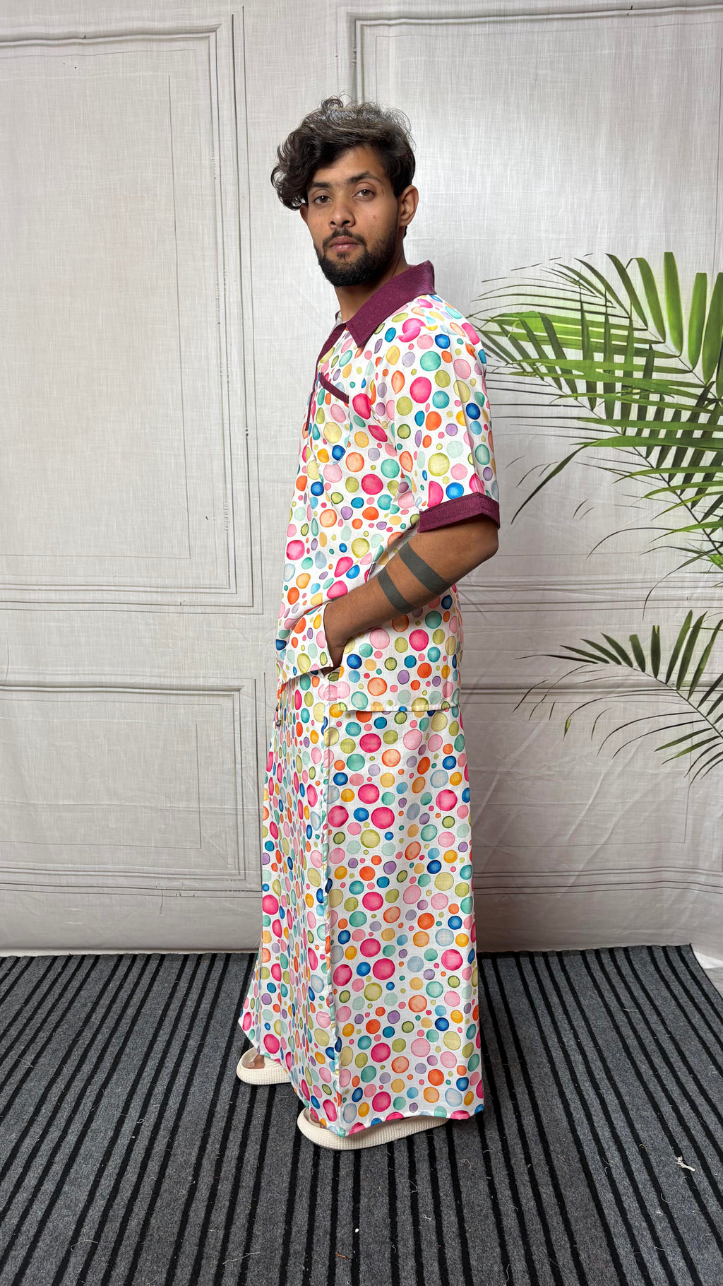Men Contrast Collar Polka Dot Print Kurta