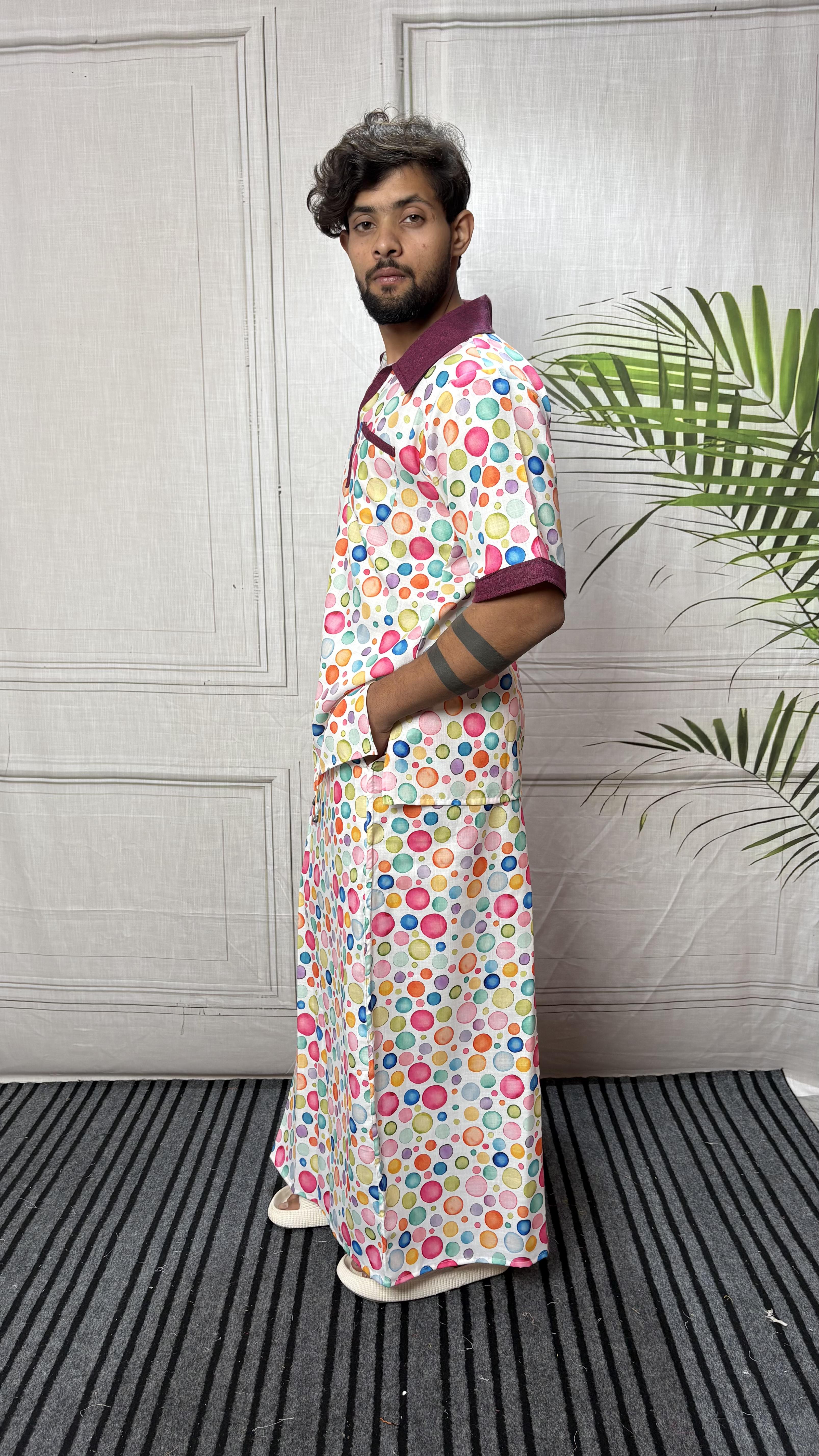 Men Contrast Collar Polka Dot Print Kurta