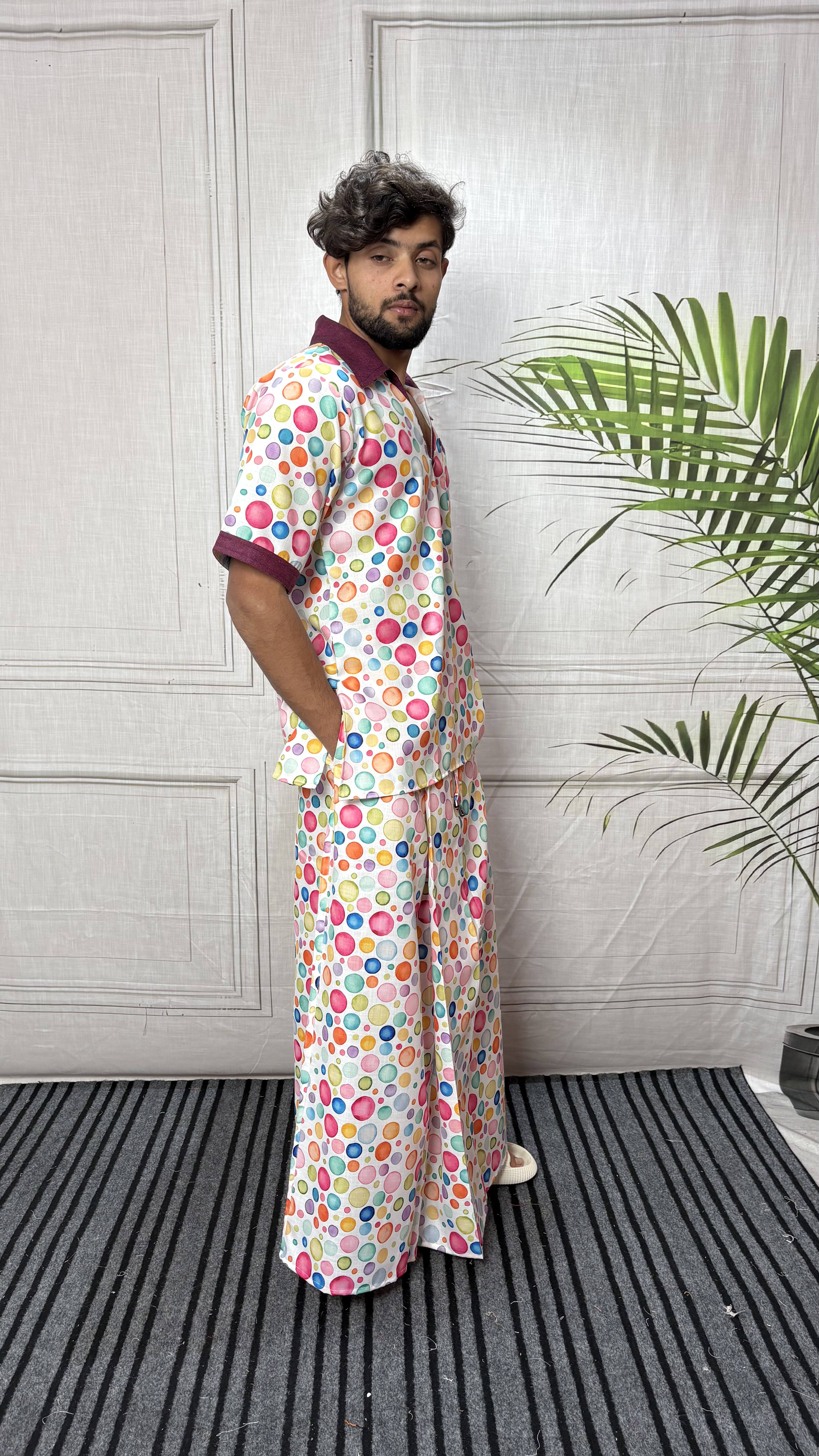 Men Contrast Collar Polka Dot Print Kurta