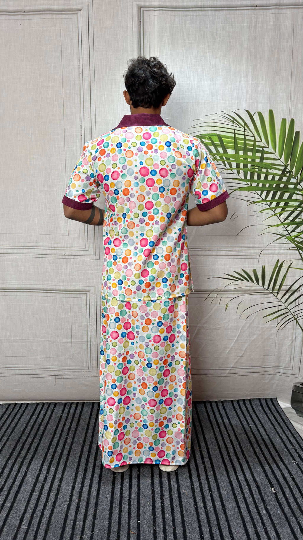 Men Contrast Collar Polka Dot Print Kurta