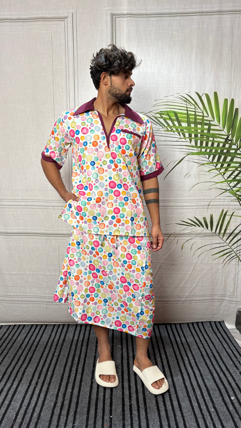 Men Contrast Collar Polka Dot Print Kurta
