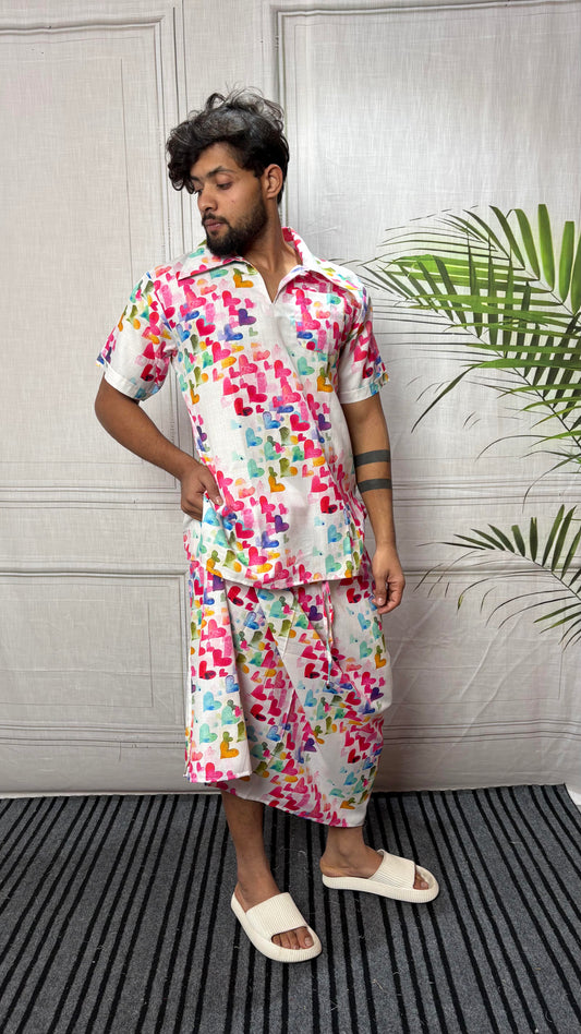Men Heart Motif Print Straight Kurta
