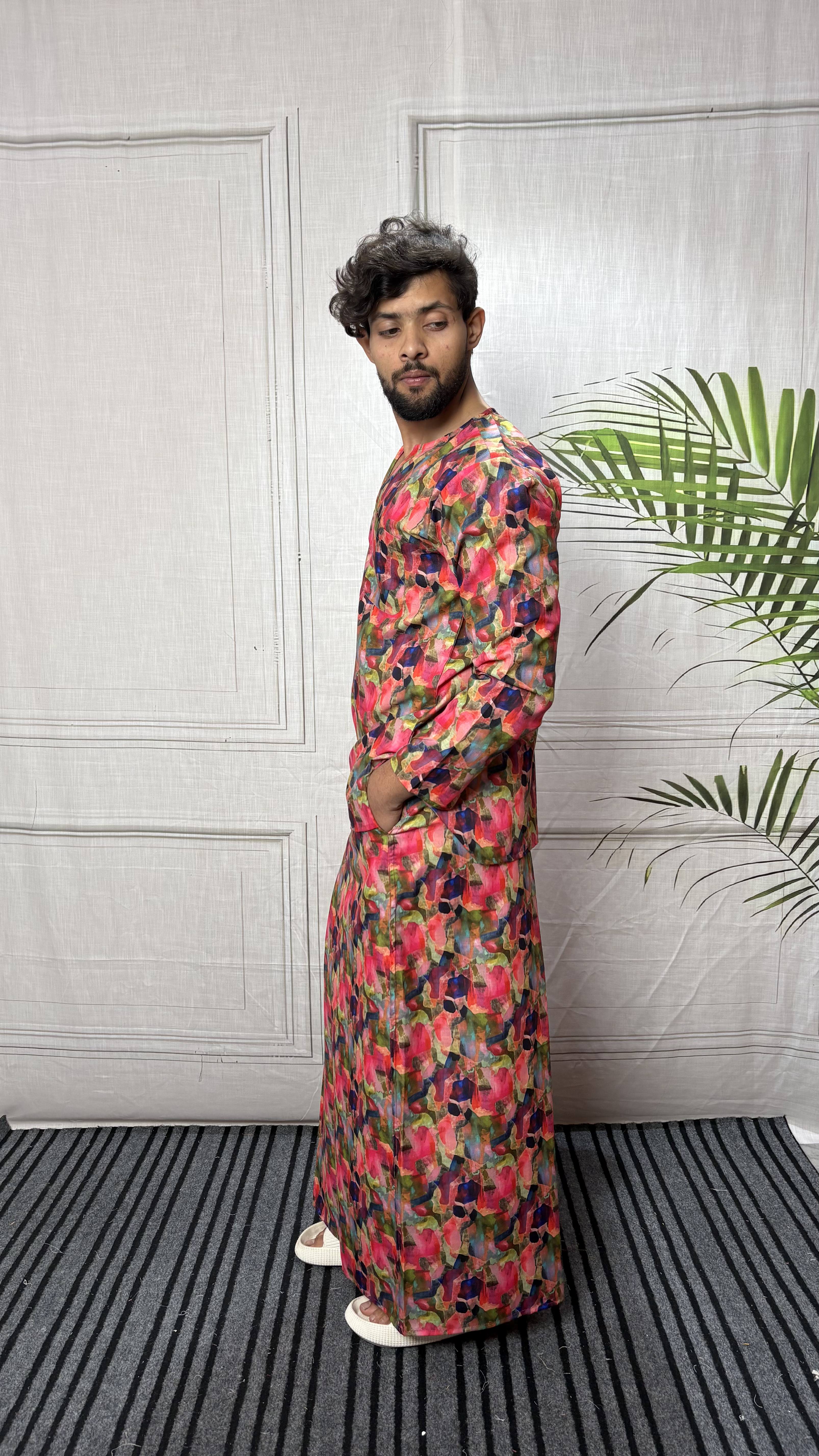 Men Band Collar Abstract Brushstroke Kurta