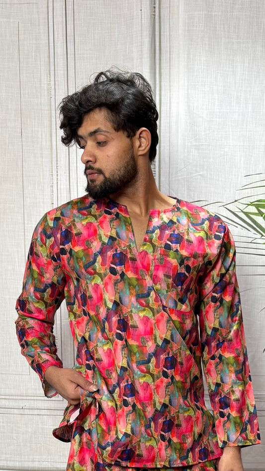 Men Band Collar Abstract Brushstroke Kurta