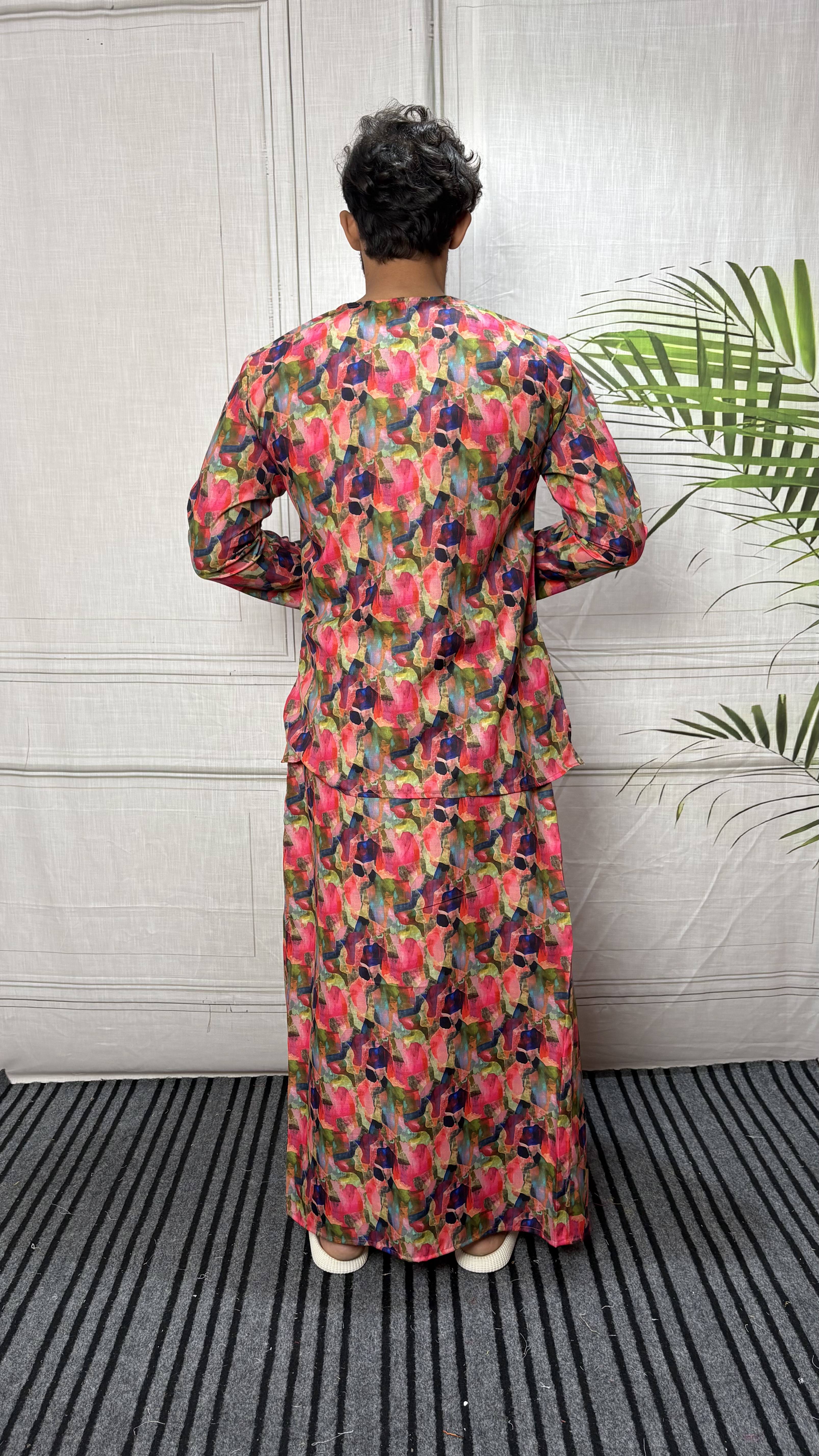 Men Band Collar Abstract Brushstroke Kurta