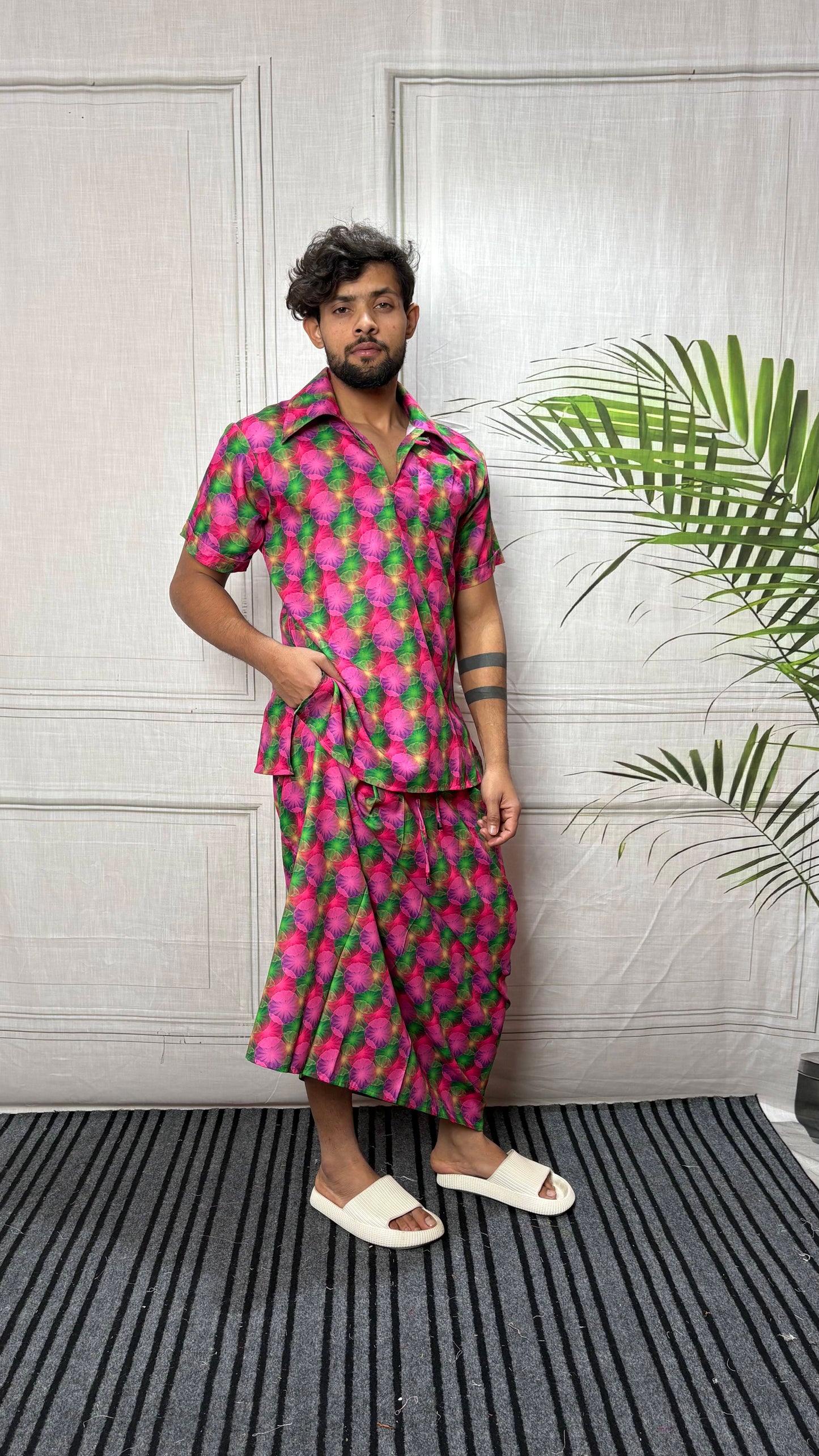 Men Geometric Floral Motif Print Pajamalungi