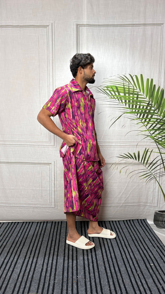 Men Marble Effect Abstract Print Shirt-Collar Kurta