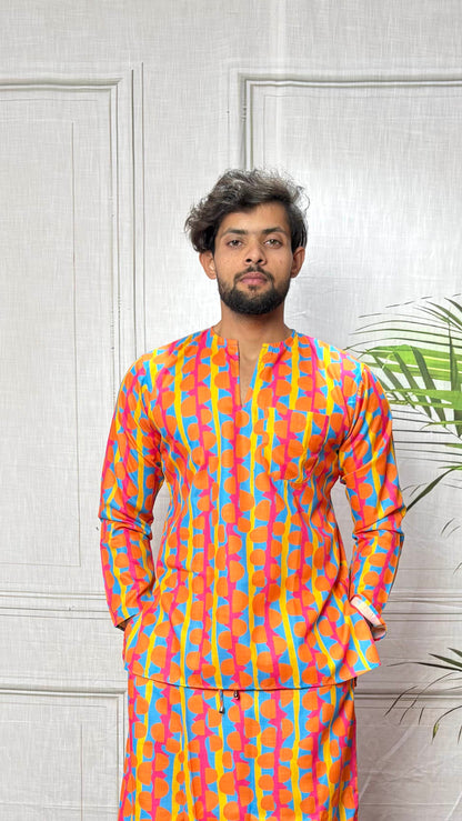 Men Retro Geometric Print Band Collar Kurta