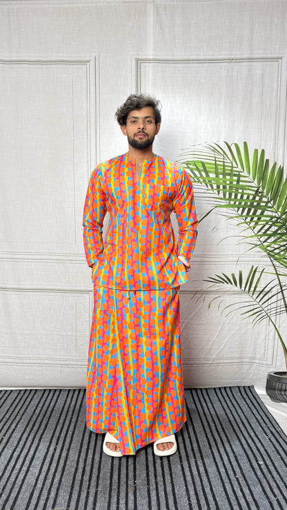 Men Retro Geometric Print Band Collar Kurta