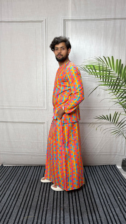 Men Retro Geometric Print Band Collar Kurta