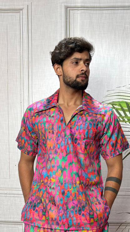 Men Abstract Ikat Dot Print Shirt-Collar Kurta