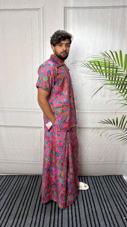 Men Abstract Ikat Dot Print Shirt-Collar Kurta