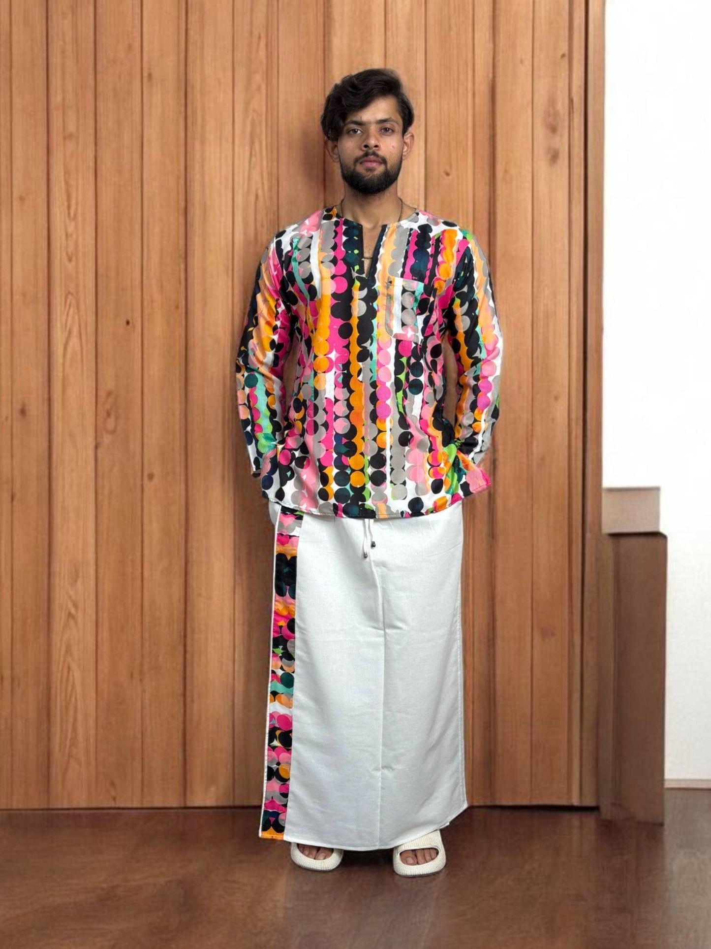 Men's White pajamalungi with Multicolor Abstract Stripe