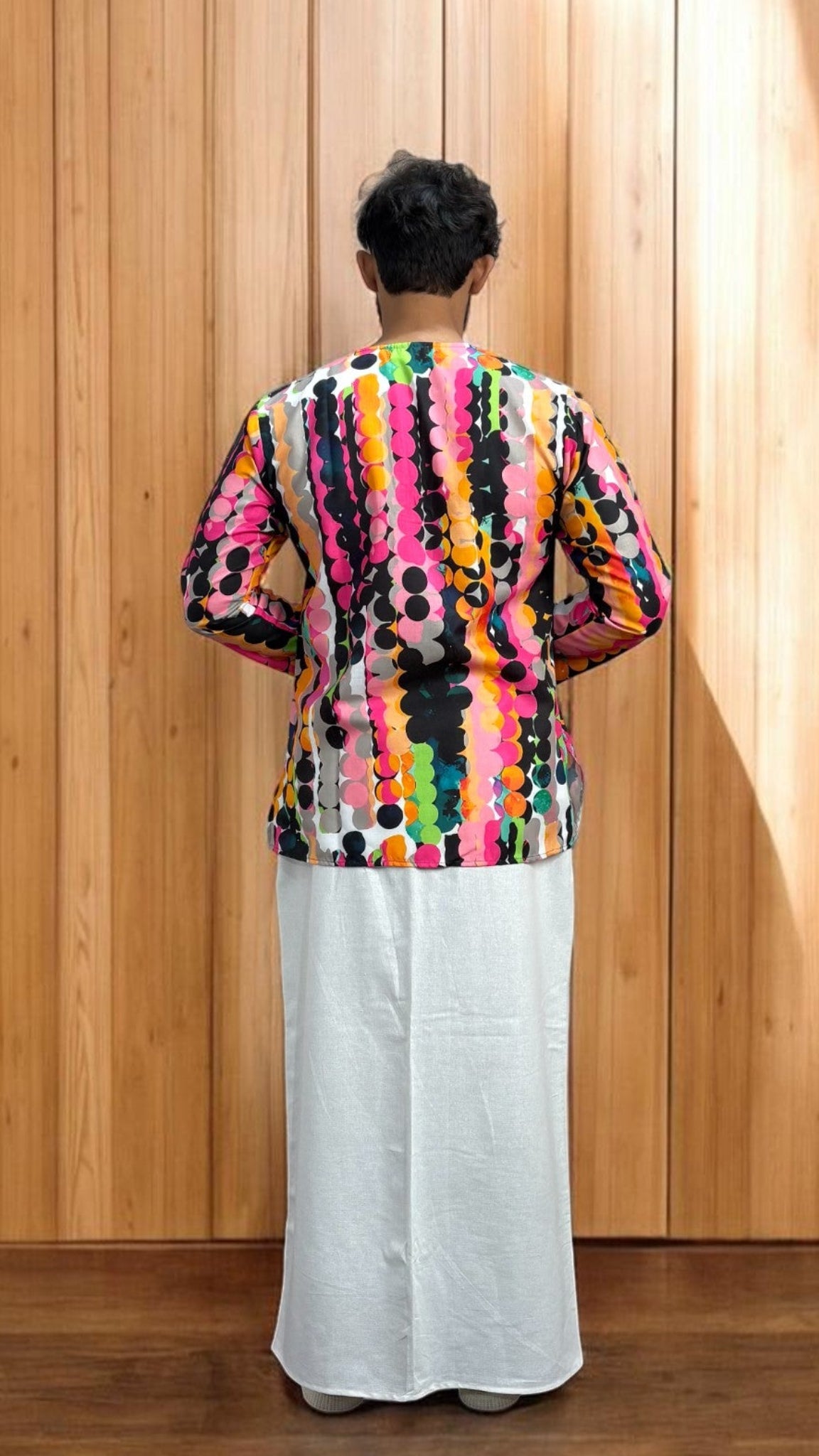Men's White pajamalungi with Multicolor Abstract Stripe