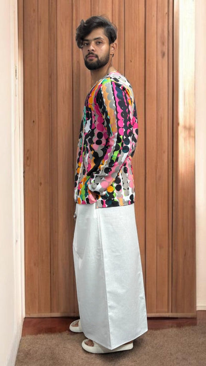 Men's White pajamalungi with Multicolor Abstract Stripe