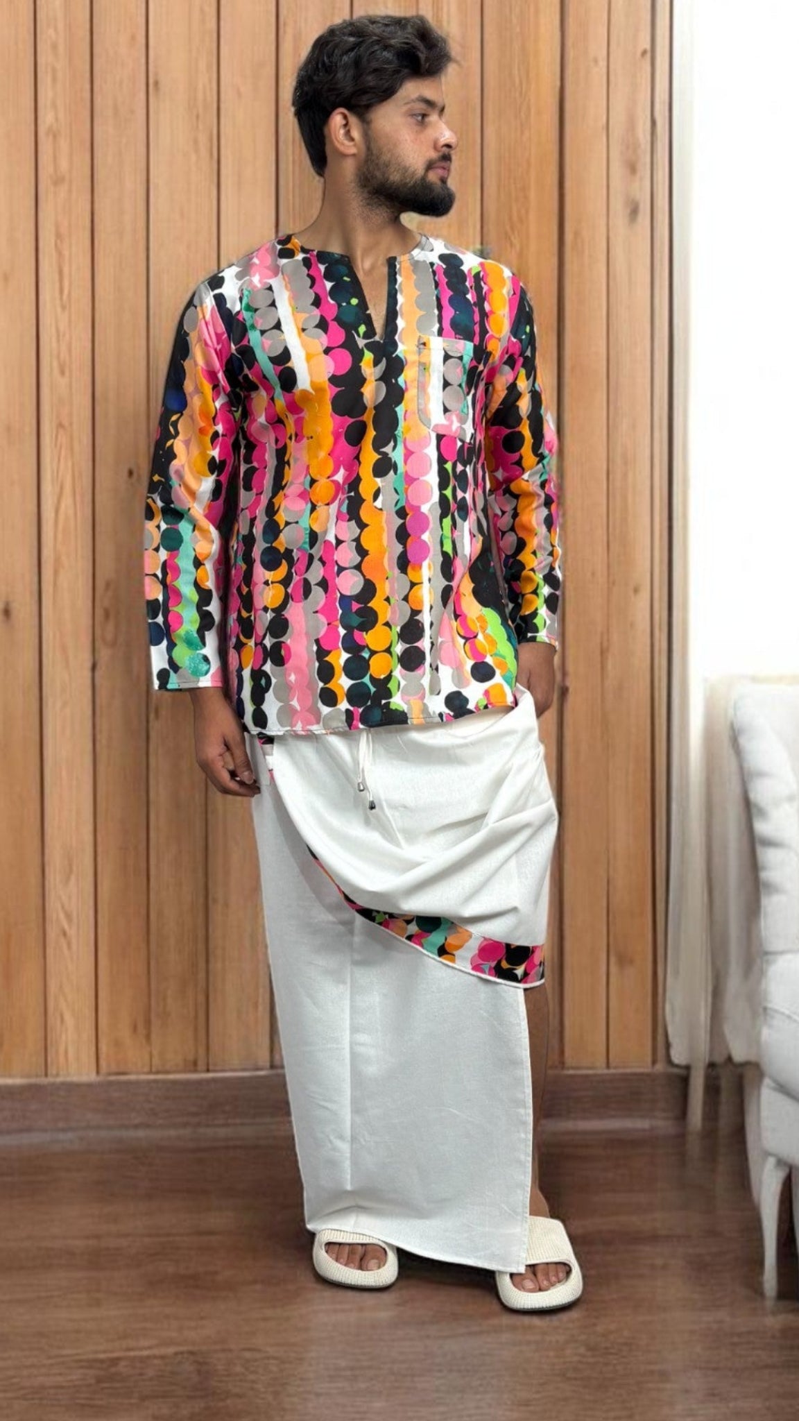 Men's White pajamalungi with Multicolor Abstract Stripe