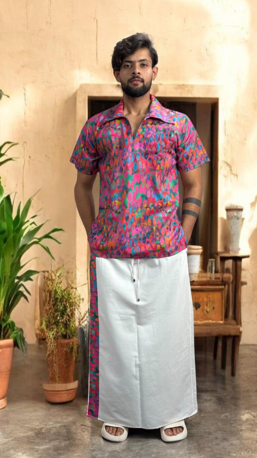 Men's White Pajamalungi with Matching Abstract Stripe