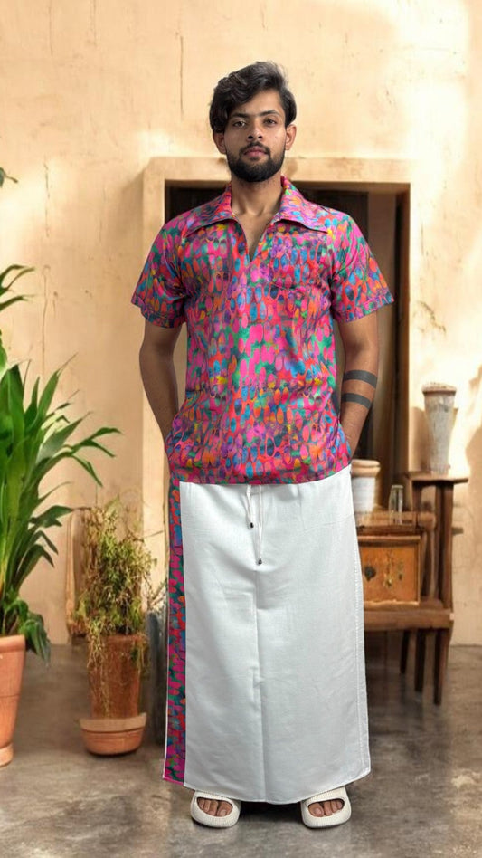 Men's White Pajamalungi with Matching Abstract Stripe