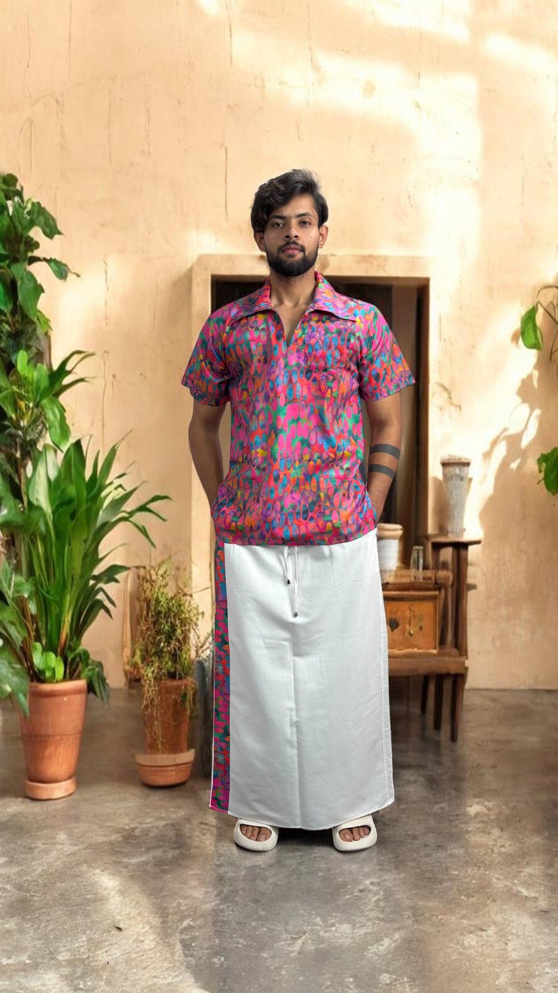 Men Abstract Ikat Dot Print Shirt-Collar Kurta