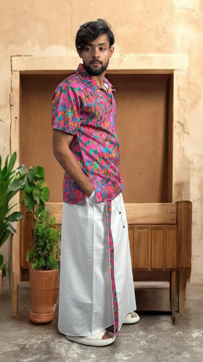 Men's White Pajamalungi with Matching Abstract Stripe