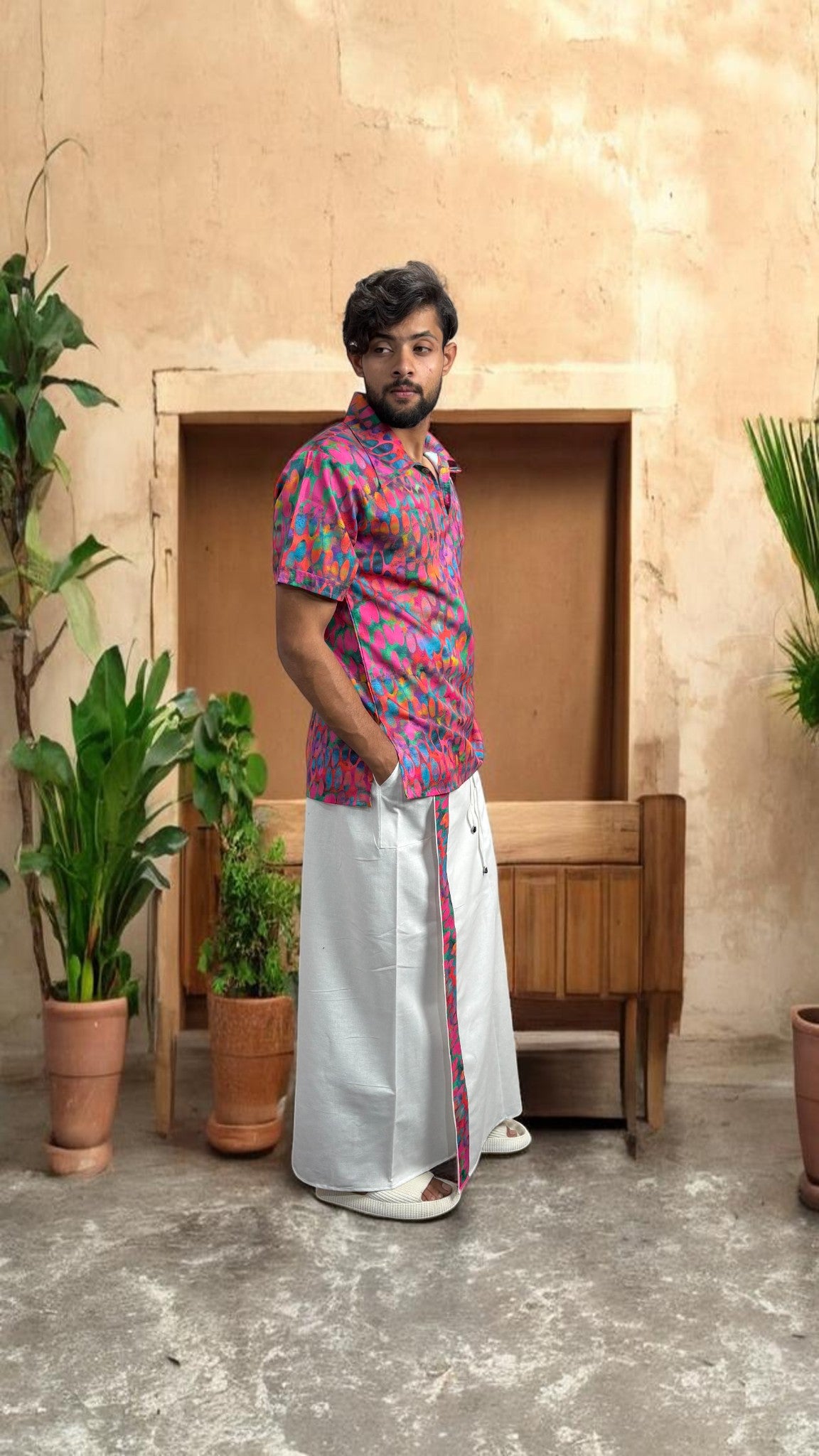 Men Abstract Ikat Dot Print Shirt-Collar Kurta