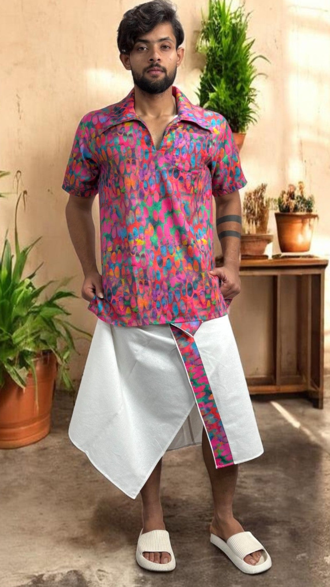 Men's White Pajamalungi with Matching Abstract Stripe