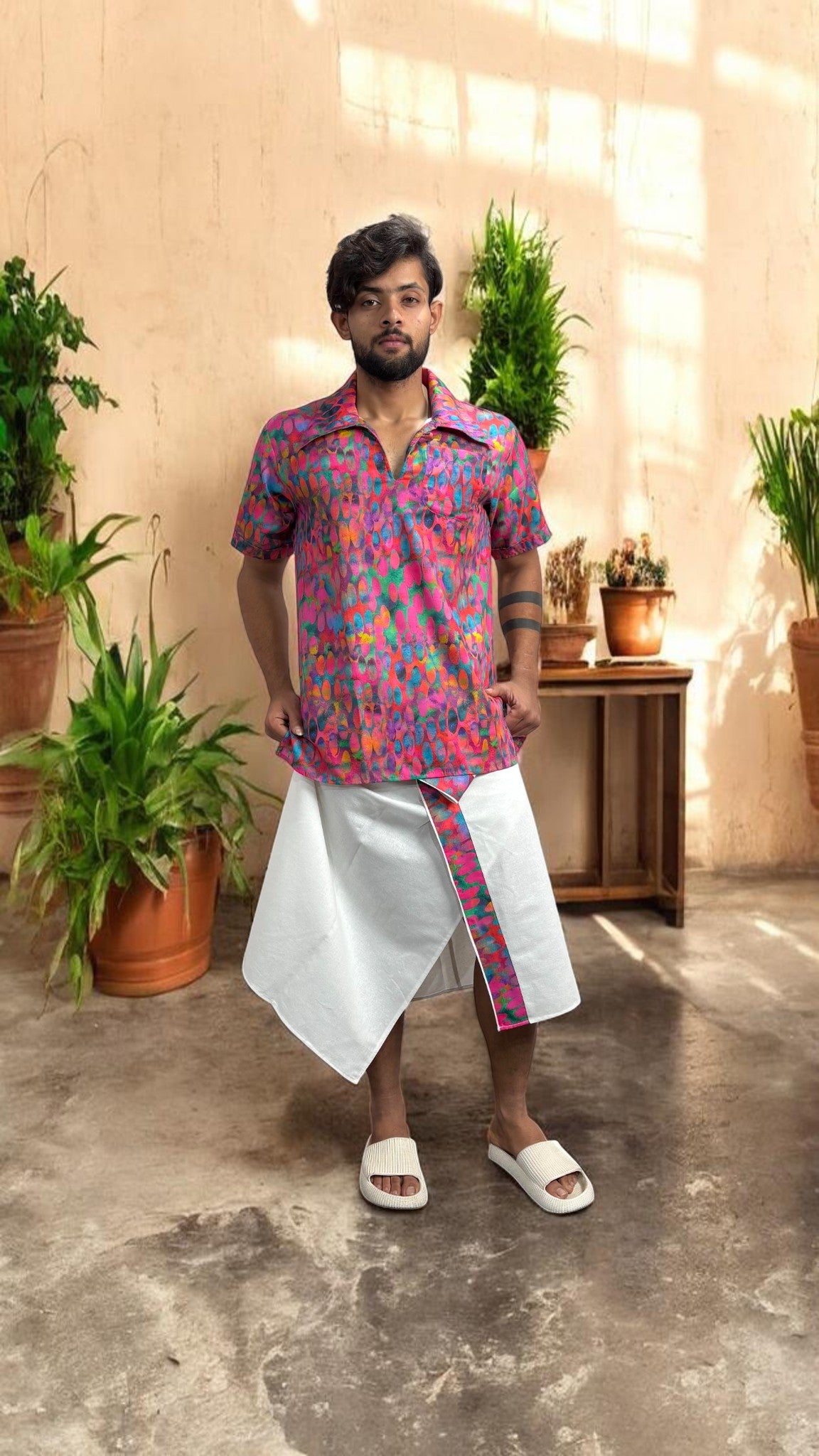 Men Abstract Ikat Dot Print Shirt-Collar Kurta