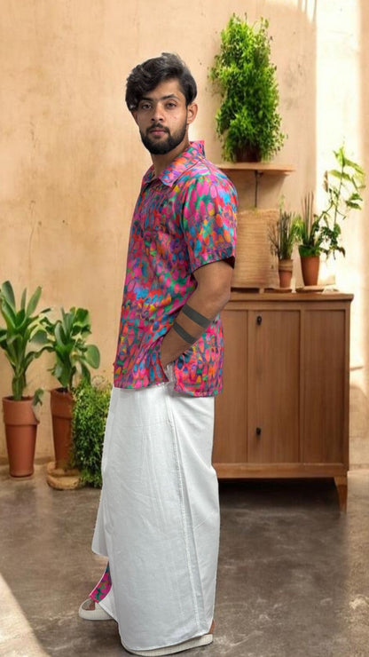 Men's White Pajamalungi with Matching Abstract Stripe