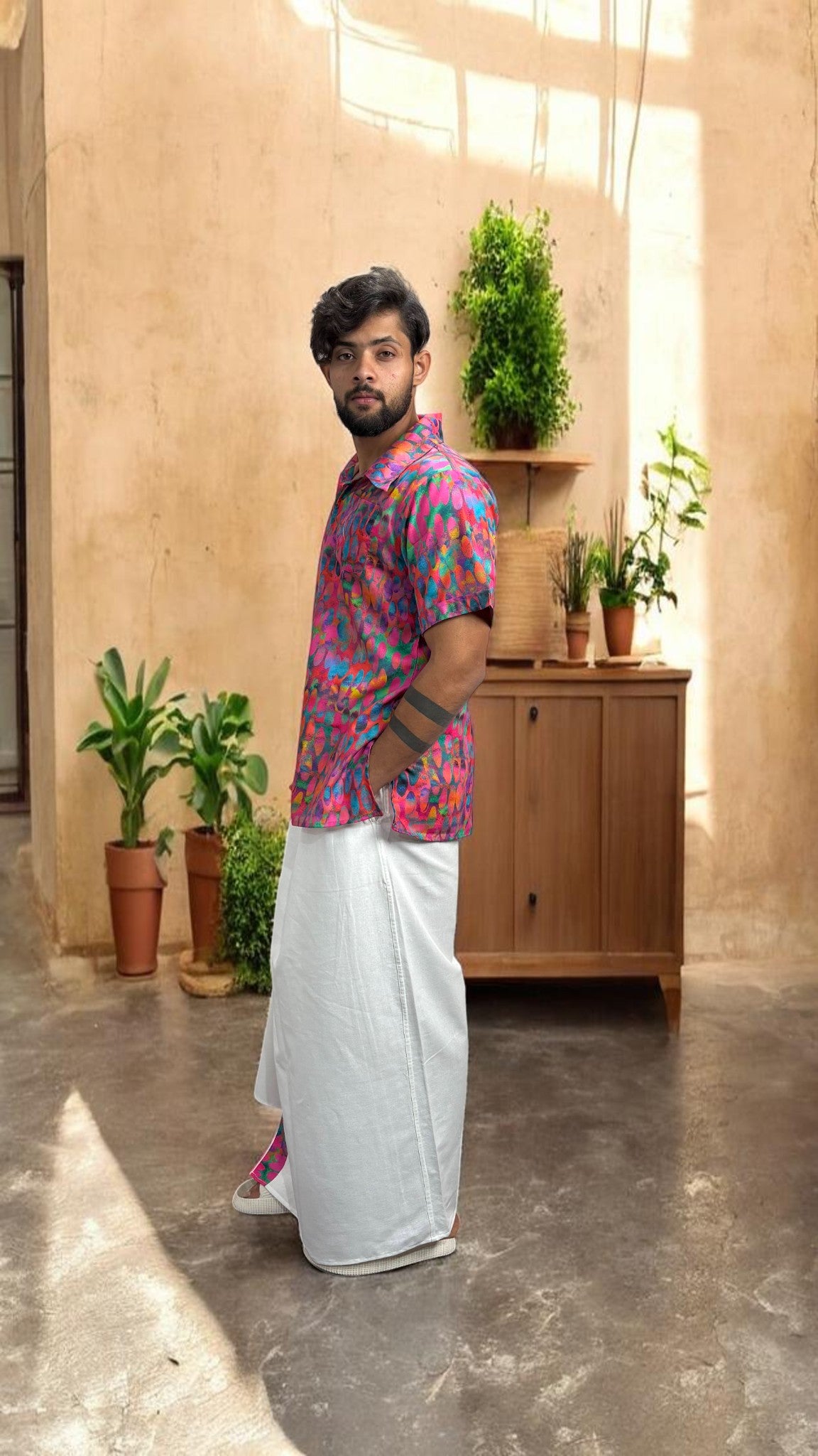 Men Abstract Ikat Dot Print Shirt-Collar Kurta