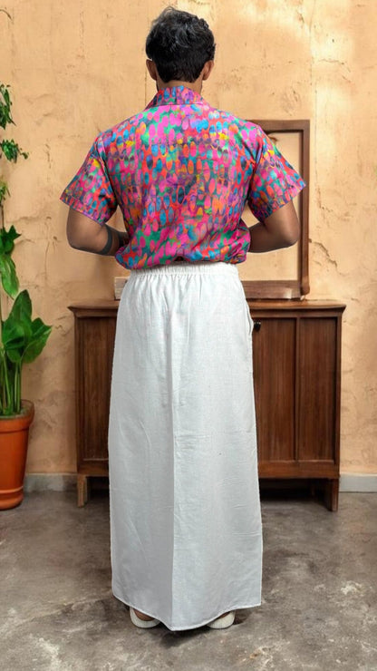 Men's White Pajamalungi with Matching Abstract Stripe