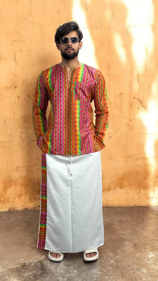 Classic White Pajamalungi with Geometric Border Stripe