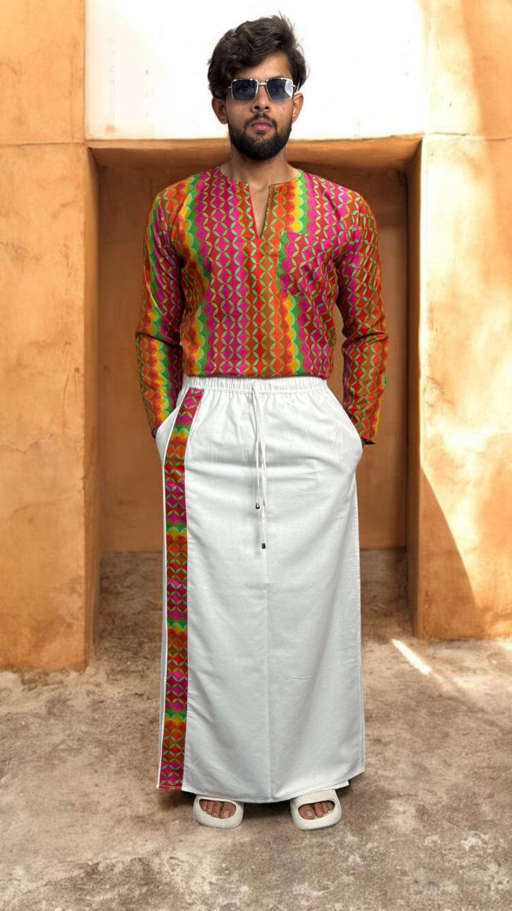 Men Pink–Orange Geometric Print Kurta